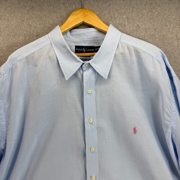 Ralph Lauren Mens 4XB Big Carolina Blue Button Front Shirt Collared Pink Pony SS - Picture 2 of 15